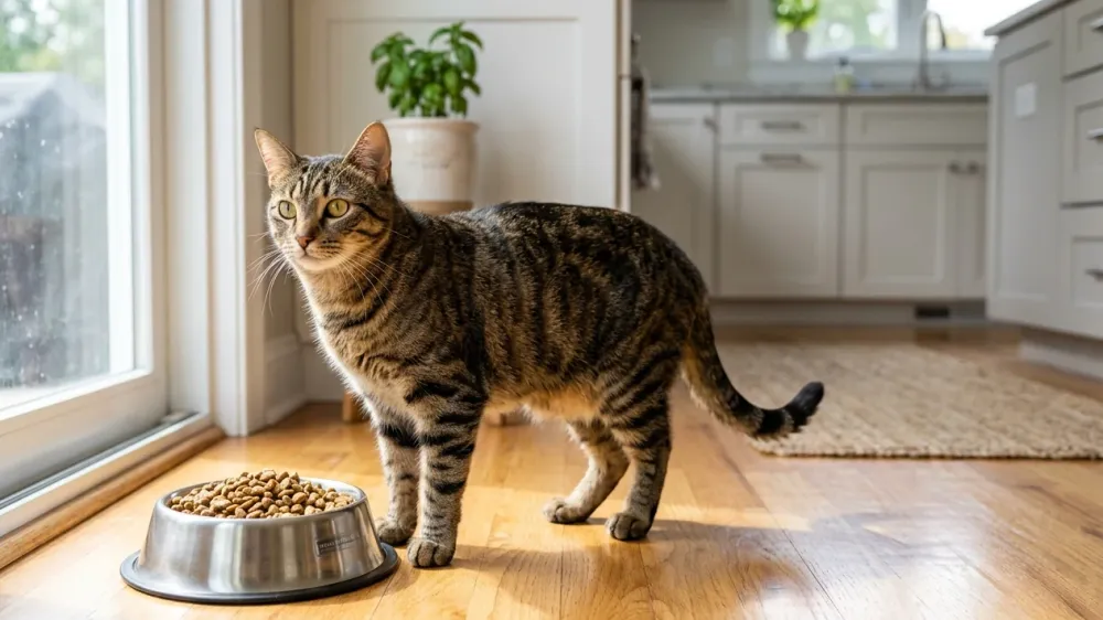Sleek young adult tabby cat standing near a stainless steel food dish with premium kibble