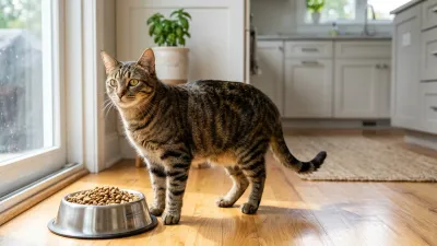 Sleek young adult tabby cat standing near a stainless steel food dish with premium kibble
