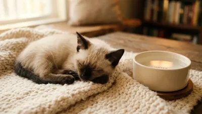 A small cream and seal point Siamese kitten resting peacefully on a plush blanket beside a clean water bowl.