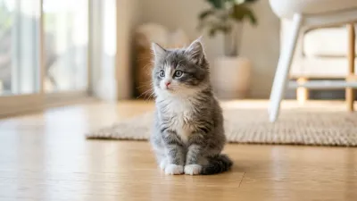 A fluffy grey and white kitten sitting alert on a hardwood floor in bright natural light.